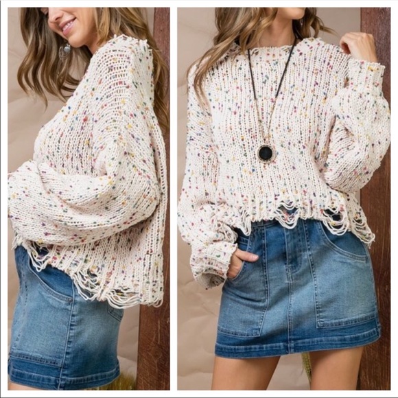 πHPπ Cream Cropped Confetti Distressed Sweater - Picture 3 of 8